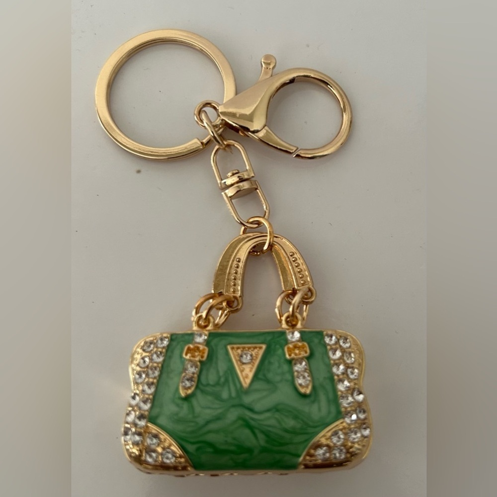 Green Rhinestone Purse Bag Charm Keychain Handbag Charm Crystal Key Ring